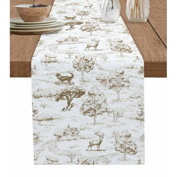 Table Runner Rustic Dog Retro Deer Table Decoration for Kitchen Dinning Brown Line Art Tree Table Decoration for Indoor Outdoor Party Wedding Decor 13x72 Inch
