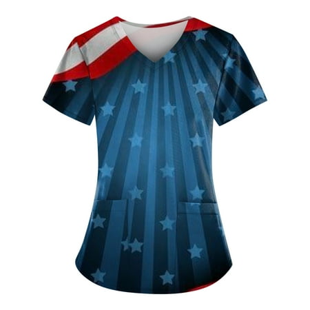 

Sksloeg Scrubs Tops Women Clearance American Star Stripes Pattern Patriotic Top Short Sleeve V-Neck Shirts Tee Tops with Pockets Nursing Working Uniform Blue XXXXXL