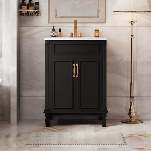 GVN 24 Inch Solid Wood Vanity with Sink Top, Modern Bathroom Furniture Two Soft Close Doors Storage, Black