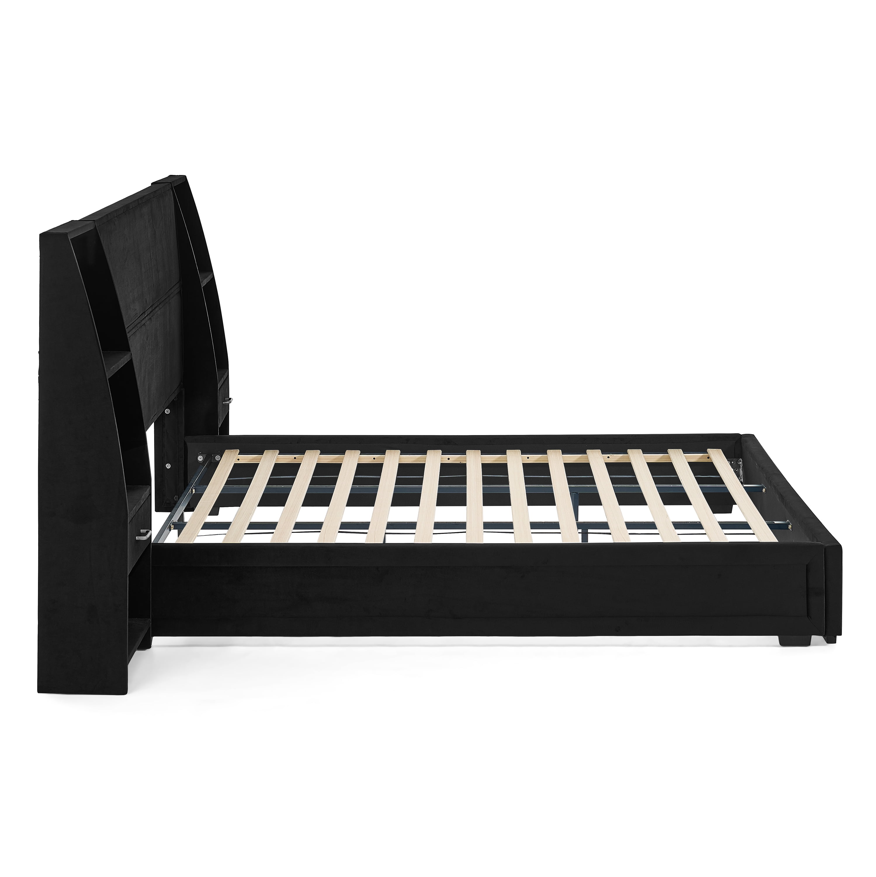 King Size Platform Bed Frame with Glossy Velvet Headboard, Side Bookcases & Drawer