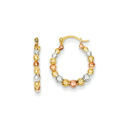 14k White Gold Hinged Hoop Earrings - 14k Yellow Gold Textured Polished Hinged post and White And Rose Rhodium Beaded Hoop Earrings