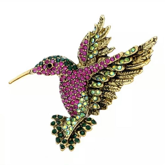 HOOUN Vintage Rhinestone Humming Bird Brooch Pin Men Women Daily Clothing Accessories-01#Gold Rose Red Humming Bird