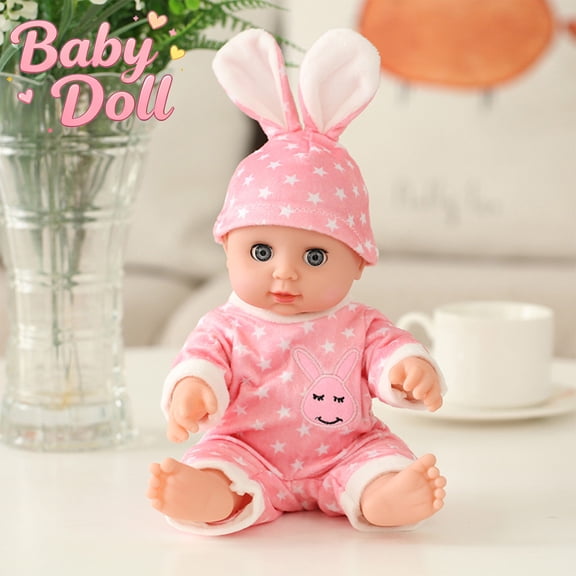 Qocolcyl 12 Inch Cuddle Baby Doll, Blue Star Bunny Outfit Vinyl Realistic Play Doll Makes Sound, Poseable Movable Limbs Soft Toy, Nurturing Role Play Doll Gift for Kids Boys Girls Toddlers Ages 3