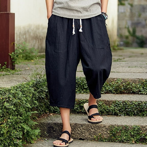 WXLWZYWL Men's Linen Cotton Capri Pants Loose Fit Elastic Waist Wide Leg Baggy Harem Pants Light 3/4 Long Shorts Drawstring Harem Casual Beach Yoga Trousers