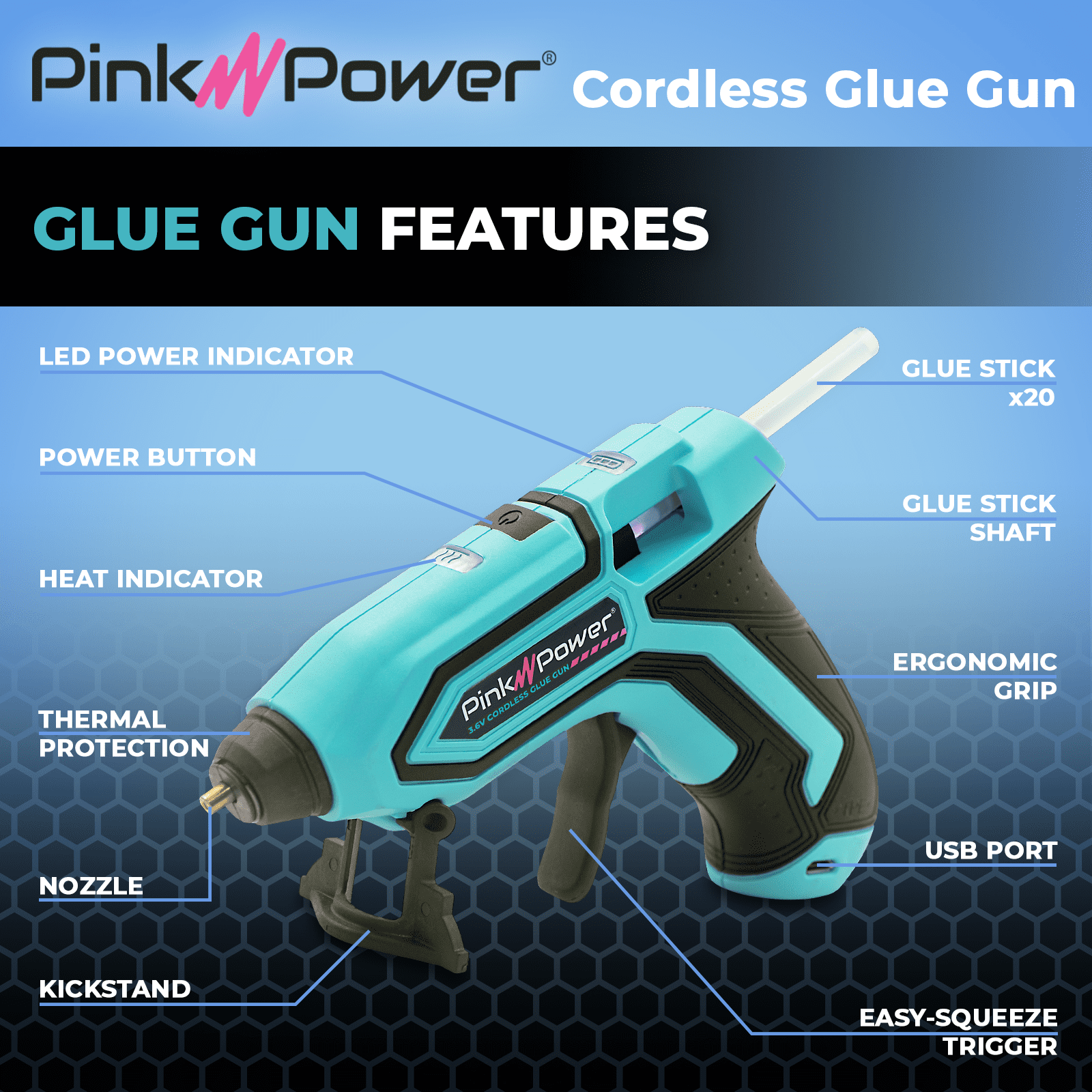Pink Power Cordless Mini Hot Glue Gun with Stand - USB Rechargeable Wireless Hot Melt Glue Gun Kit with 20 Glue Sticks - Battery Operated Cordless Glue Gun for Crafts - Portable Blue Hot Glue Gun