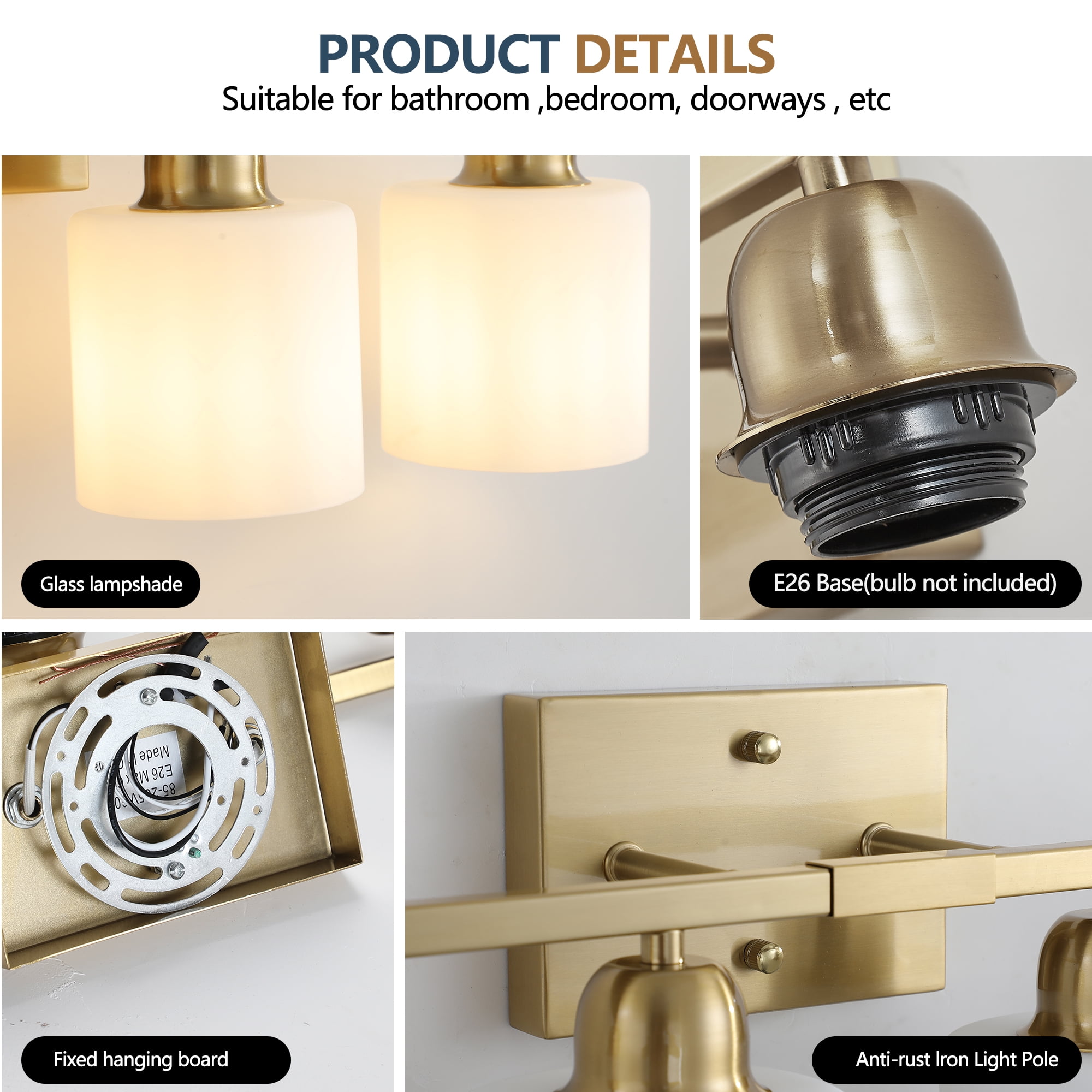 Jopath 5-Light Modern Vanity Light Over Mirror, Wall Sconces with Milky White Frosted Glass Shades for Bathroom, Hallway, or Bedroom Gold (Bulbs Not Included)