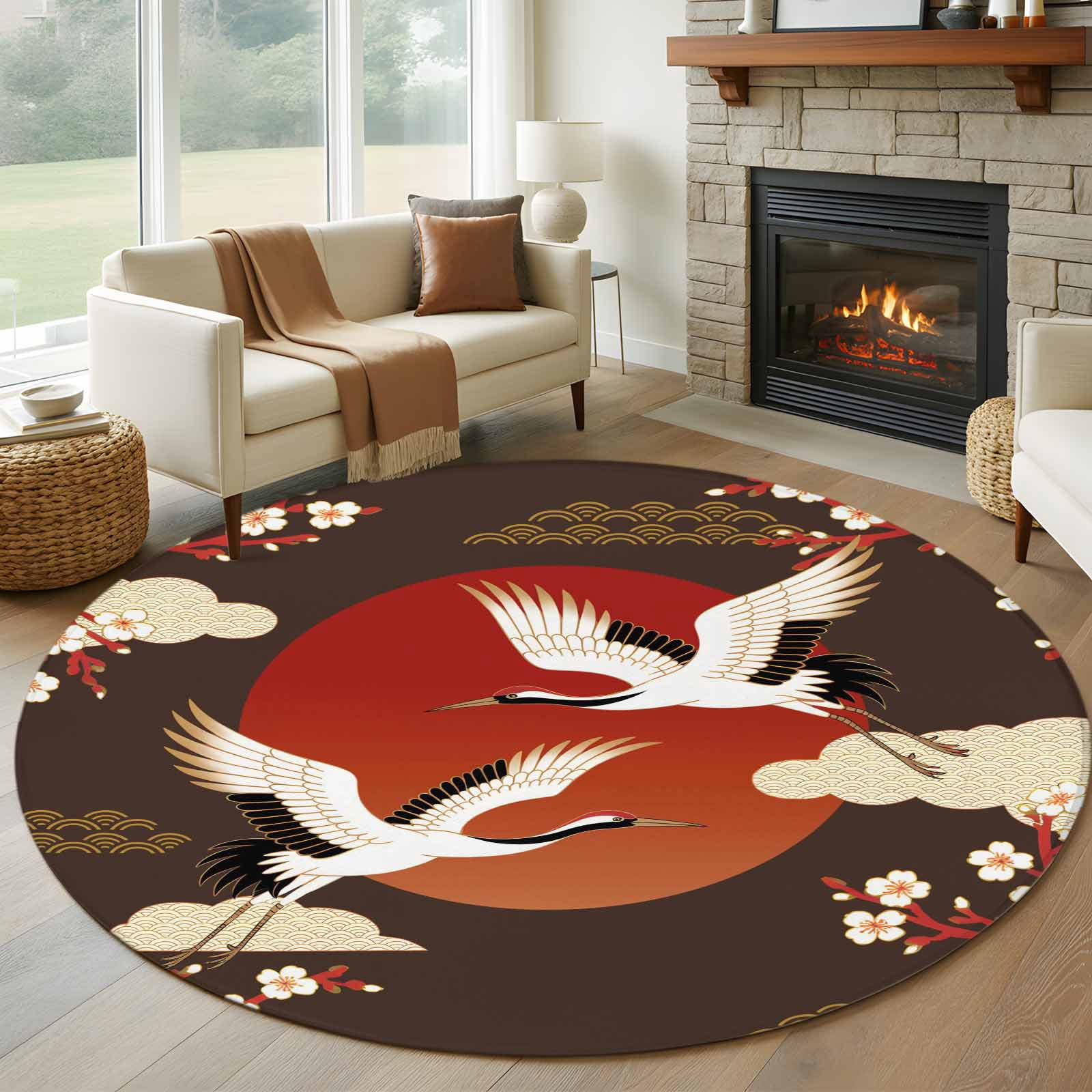 Japanese Style Round Area Rugs Collection 7', Modern Cranes Cherry Flower Wave Brown Non Slip Indoor Circular Throw Runner Rug Floor Mat Carpet for Living Room Dining Table Bedroom Nursery