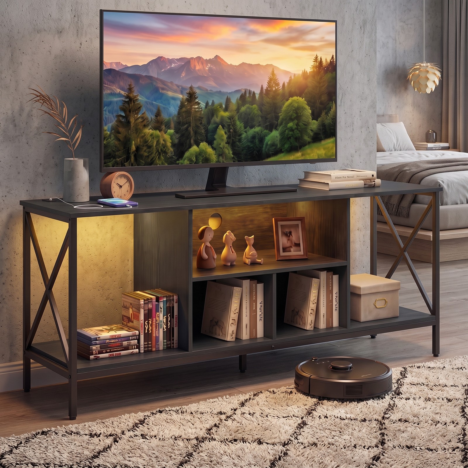 Furnibear LED TV Stand for 65 Inch TV, Entertainment Center with Power Outlets and USB Charging, Modern Media Console with 5 Open Shelves and X-Frame for Living, Black