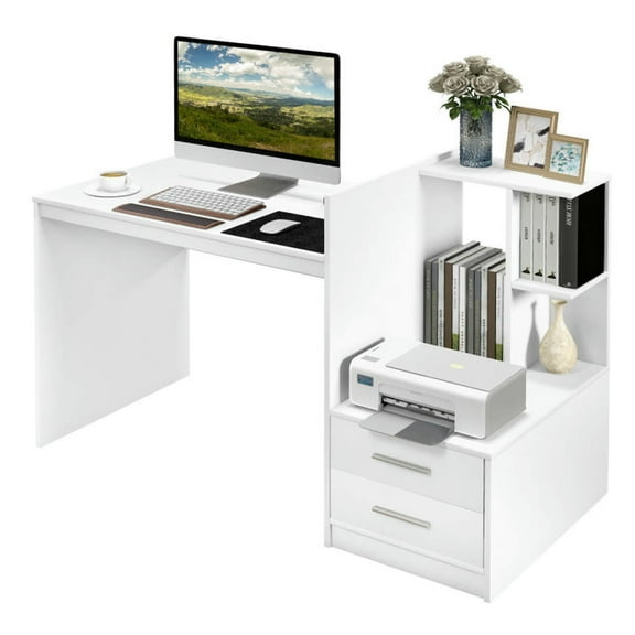 YYAo Computer Desk,Writing Table Workstation Gaming Desk,Computer Desk Home Office with Bookshelf and Drawers-White