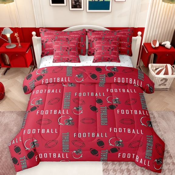 Homewish Football Sport 7-Piece Twin Bedding Sets,Rugby Helmet Bedding Comforter Set,Red Black Sheet Sets For Boys Teens,Breathable Home Decor Reversible