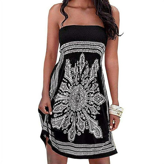 Women's Summer Dress Strapless Floral Print Bohemian Casual Mini Beach Dress Cover Ups