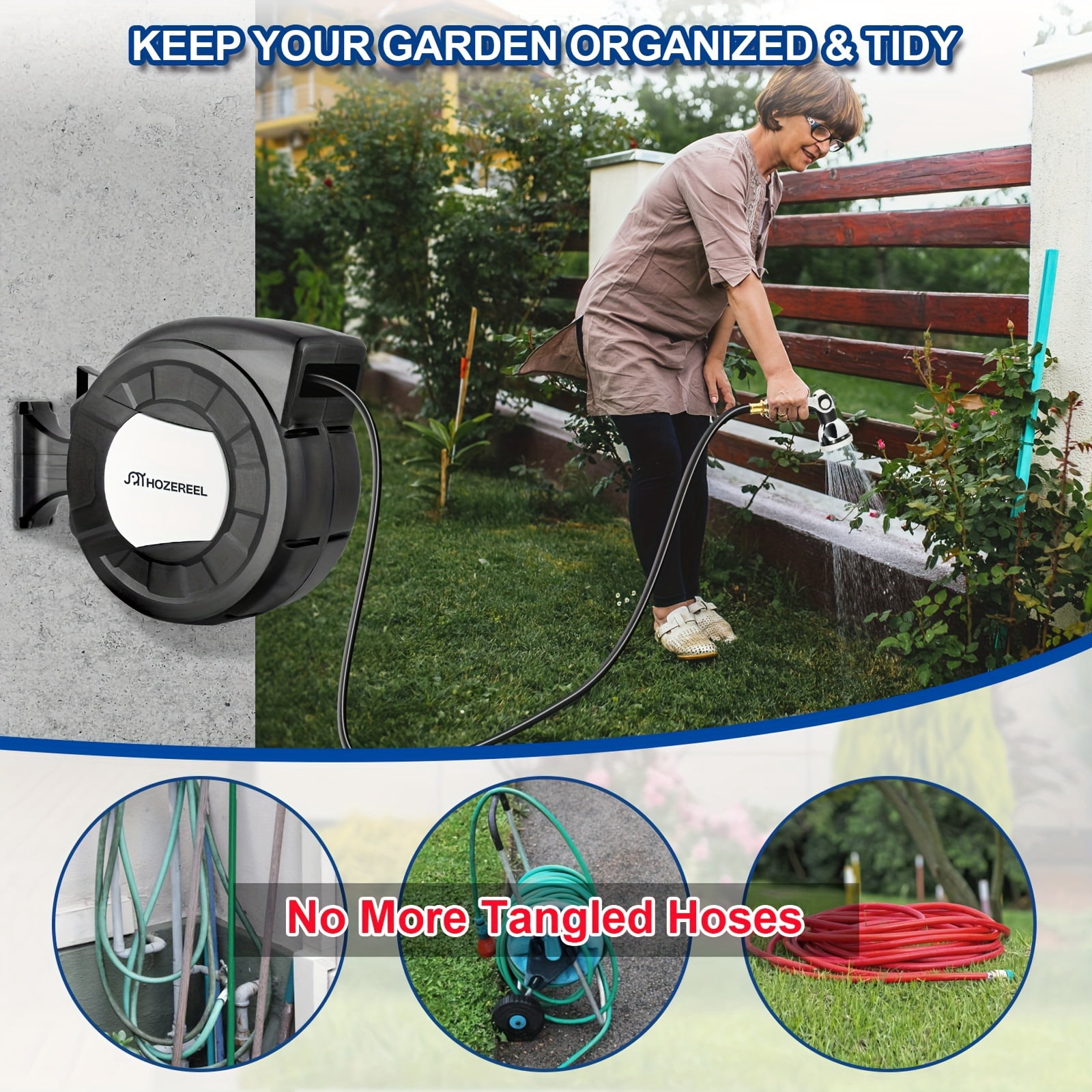 HOZEREEL 100-Ft x 1/2"  Retractable Garden Hose Reel, Decorative Outdoor Garden Hose Reel—Automatic Retractable Wall-Mounted Hose Reel with Enclosed Storage, Lockable at Any Length, 10-Type Nozzle