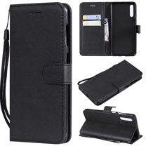 Dteck Wallet Case For Samsung Galaxy A50, Pure Color Slim PU Leather Flip Stand Cover Built-in Card Holder / Money Pocket Case With Hand Strap, Black