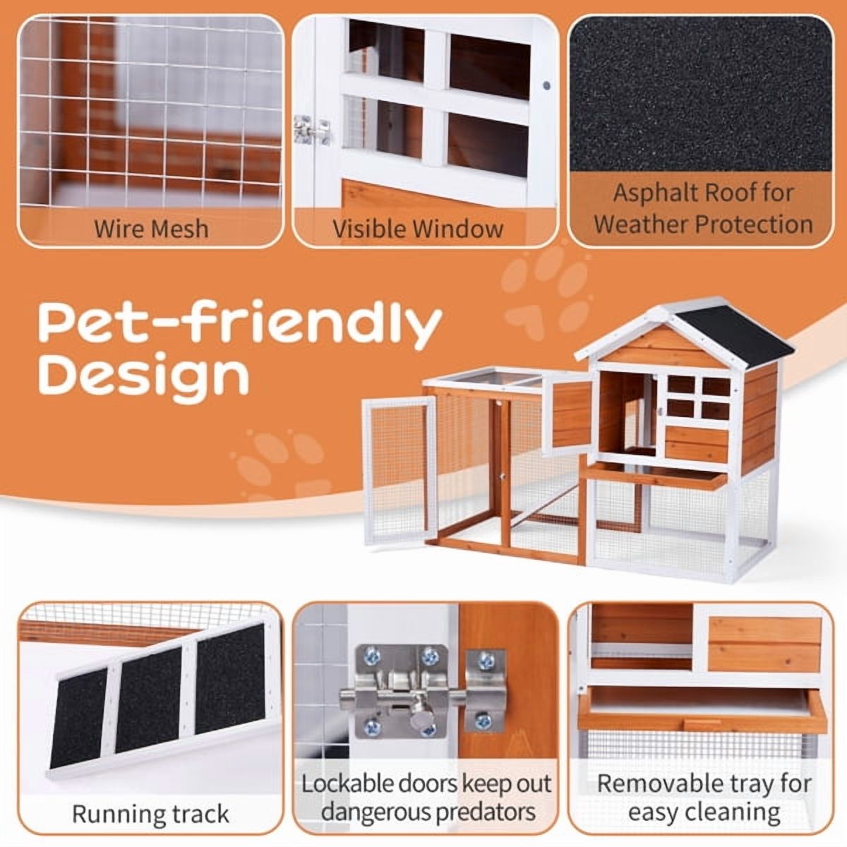 Wooden Rabbit Hutch with Outdoor Run, 2-Story Bunny Cage with Pull-Out Tray & Waterproof Roof for Guinea Pigs, Chickens & Small Pets