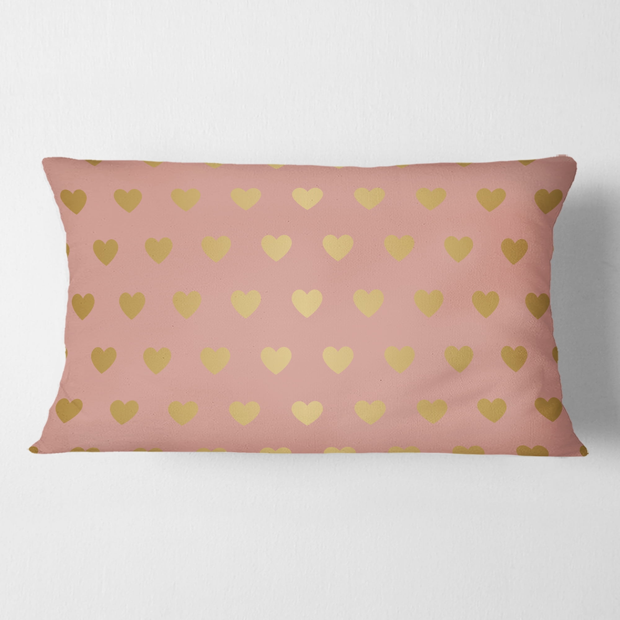 Designart Gold Hearts On Pink' Mid-Century Modern Throw Pillow - 12x20