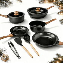 Ktaxon 17pcs Nonstick Cookware Set with Woodgrain Handle, 5 Pots and Pans Set Aluminum Kitchen Cooking Set, Induction Safe, Black