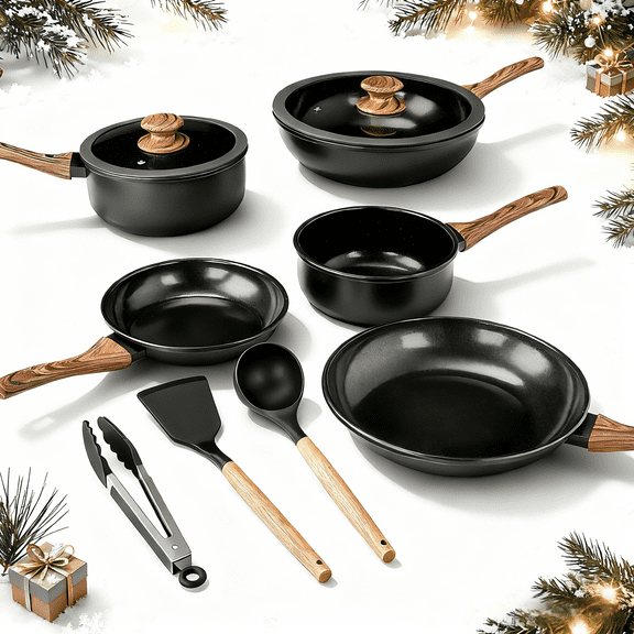 Ktaxon 17pcs Nonstick Cookware Set with Woodgrain Handle, 5 Pots and Pans Set Aluminum Kitchen Cooking Set, Induction Safe, Black