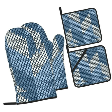 

Honeii Cozy Knitted Blue Chevron Pattern Oven Mitts and Pot Holders Silicone Oven Gloves 500 F Heat Resistant Oven Mitts Sets 4PCS