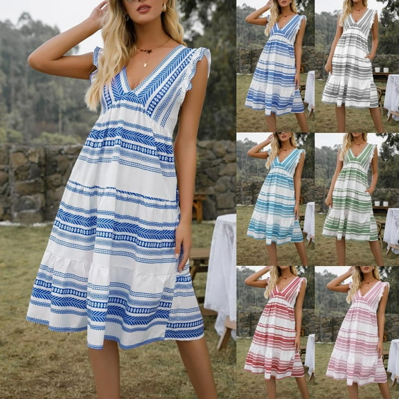 Fashion Womens Dresses Spring, Summer And Casual V-neck Sleeveless Printed Dress Sundresses for Women 2024 Trendy