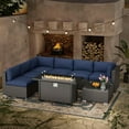 thumbnail image 2 of SOLAURA 8-Piece Outdoor Patio Furniture Sofa Set with 45-inch Propane Gas Fire Pit Table, Black Rattan Wicker 6-Seater Sectional Conversation Set with Coffee Table, for Patios and Gardens (Deep Blue), 2 of 10