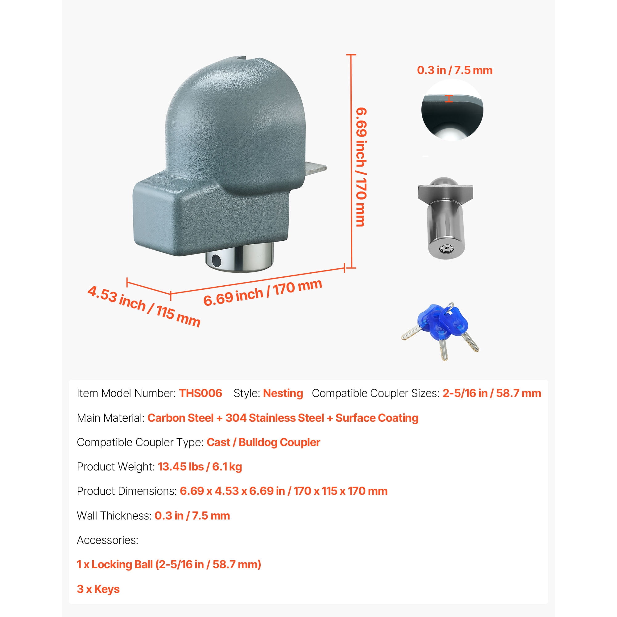 KFFKFF Heavy-Duty Trailer Coupler Lock, Fits 2-5/16-Inch Couplers, Durable Hitch Lock with 3 Keys, Corrosion-Resistant and Anti-Theft Design for RVs, Trailers, and Boats, Black