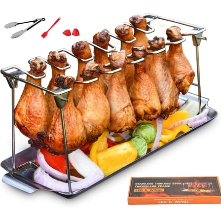 USIONE Chicken Leg Rack for Grill with Drip Tray - Easy to Use 12 Slots Chicken Wing Rack - Premium Stainless Steel Chicken Drumstick Rack for Smoker - Chicken Drumstick Holder for Grill Accessories