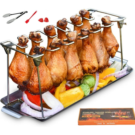 USIONE Chicken Leg Rack for Grill with Drip Tray - Easy to Use 12 Slots Chicken Wing Rack - Premium Stainless Steel Chicken Drumstick Rack for Smoker - Chicken Drumstick Holder for Grill Accessories