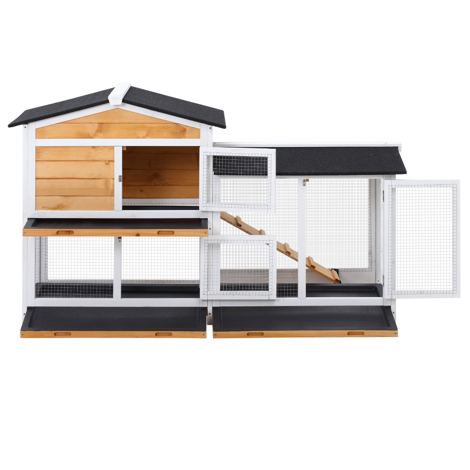 Noaman 2-Story Wooden Rabbit Hutch with Outdoor Run for Bunnies Yellow