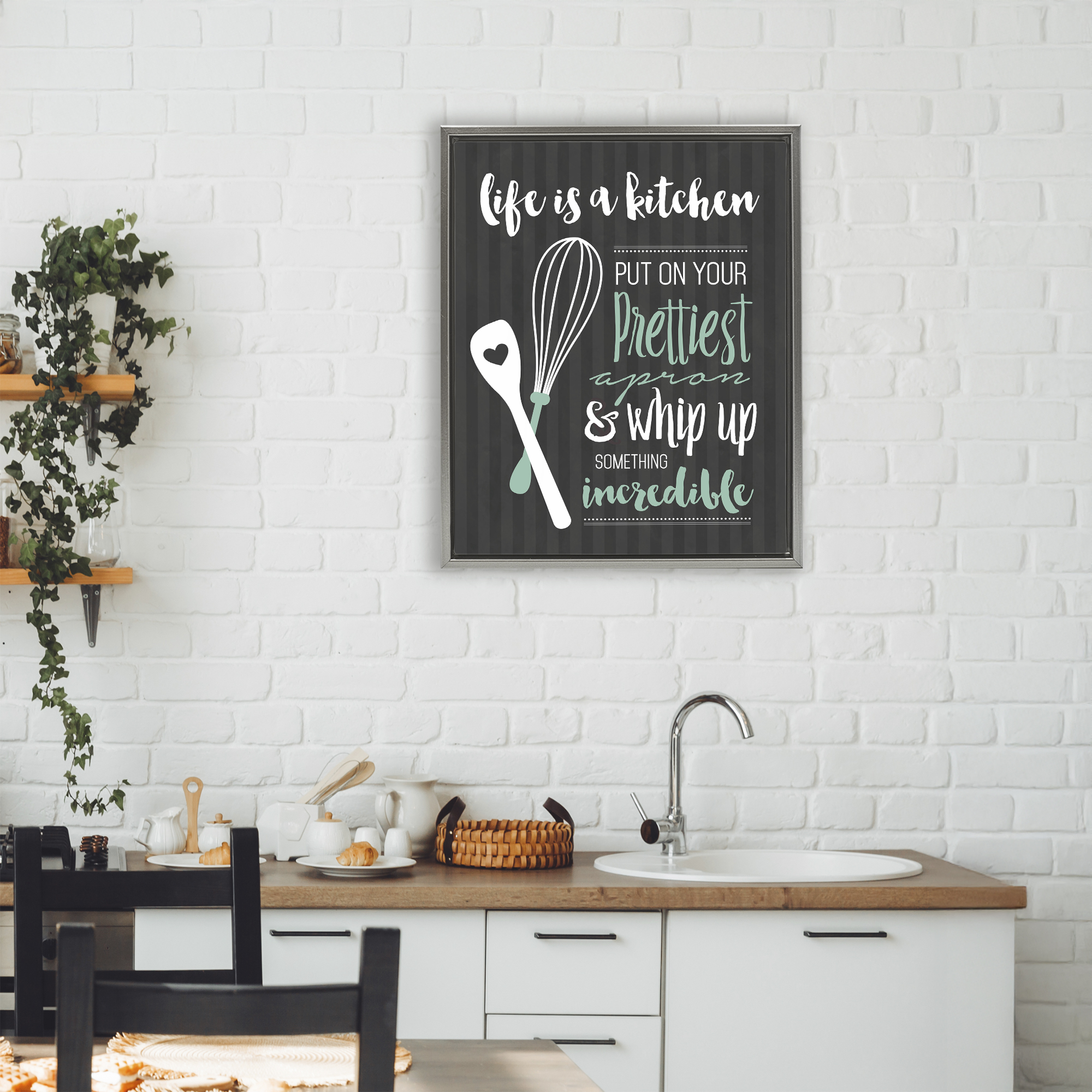 Life Is A Kitchen Motivational Gray Framed Floater Canvas Wall Art, design by Lettered and Lined