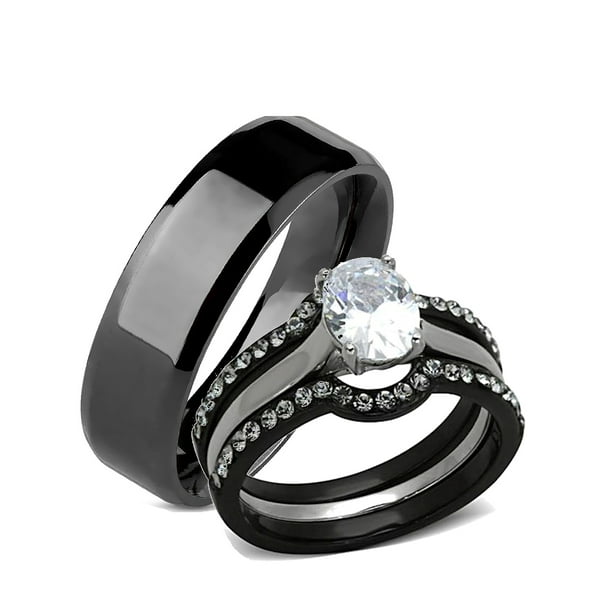 Edwin Earls His Her 4 Piece Wedding Engagement Ring Set Black