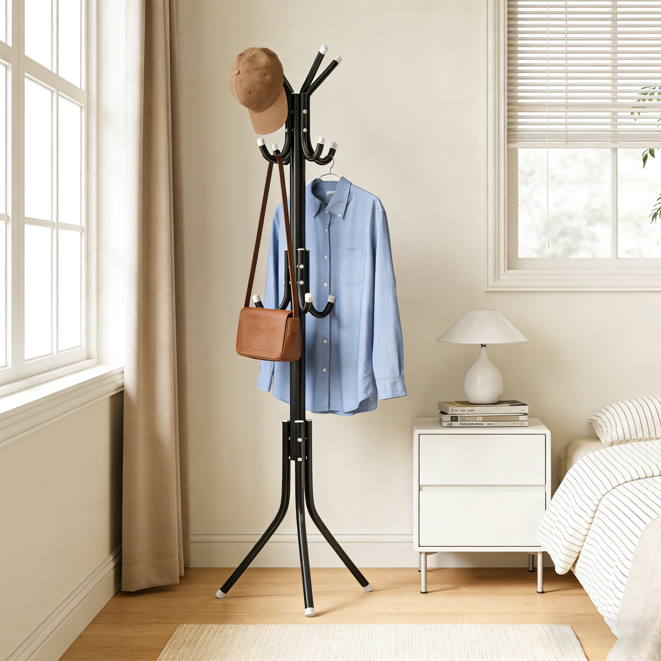 GARITIN Coat Rack Freestanding with 12 Hooks, Heavy Duty Coat Tree for Entryway Bedroom Corner Hall, Black