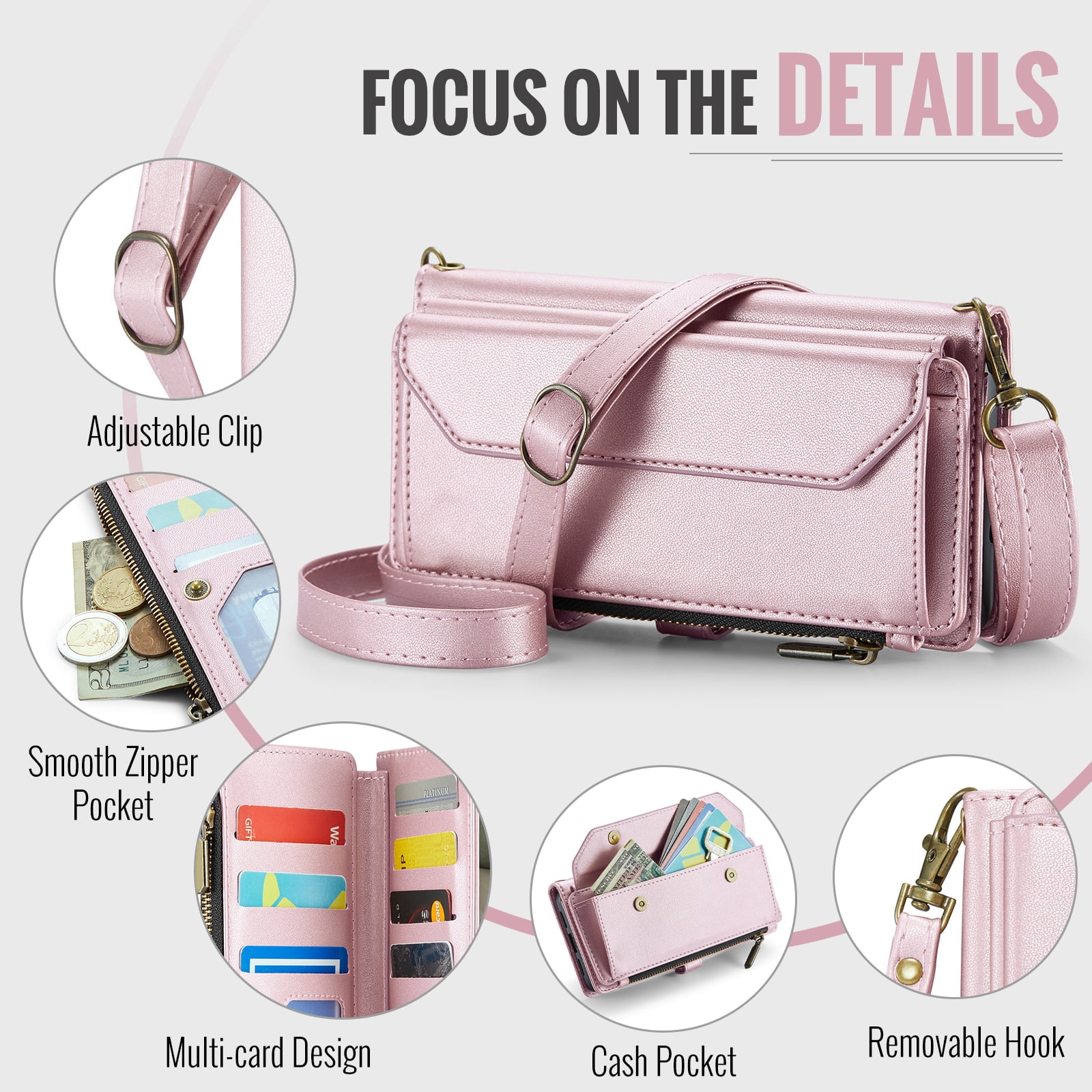 Asuwish Compatible with Samsung Galaxy A16 5G/4G Zipper Wallet Phone Case Tempered Glass Screen Protector Crossbody Lanyard Strap Flip Card Holder Slot Cell Cover for A16 16A SM-A166U Women Rose Gold