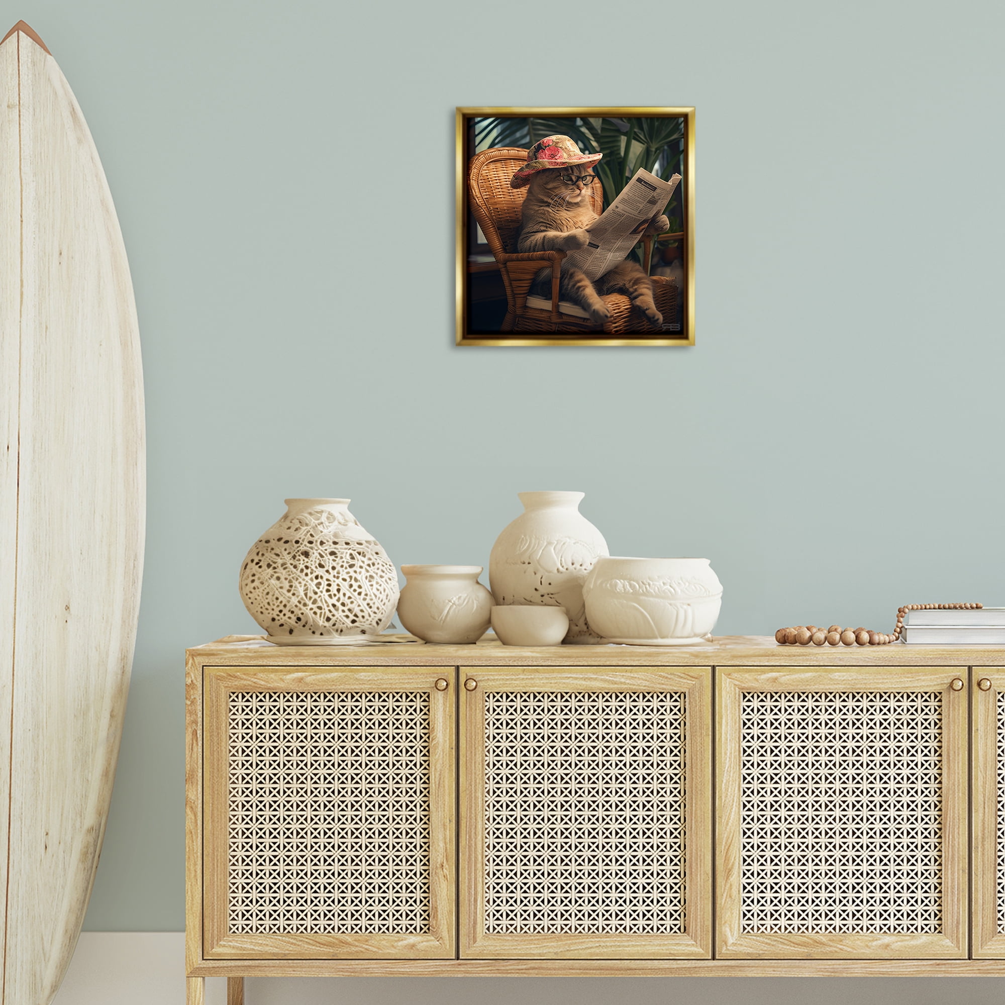 Stupell Industries Funny Cat & Newspaper Animals Painting Gold Floater Framed Canvas Art Print Wall Art, 18 x 18