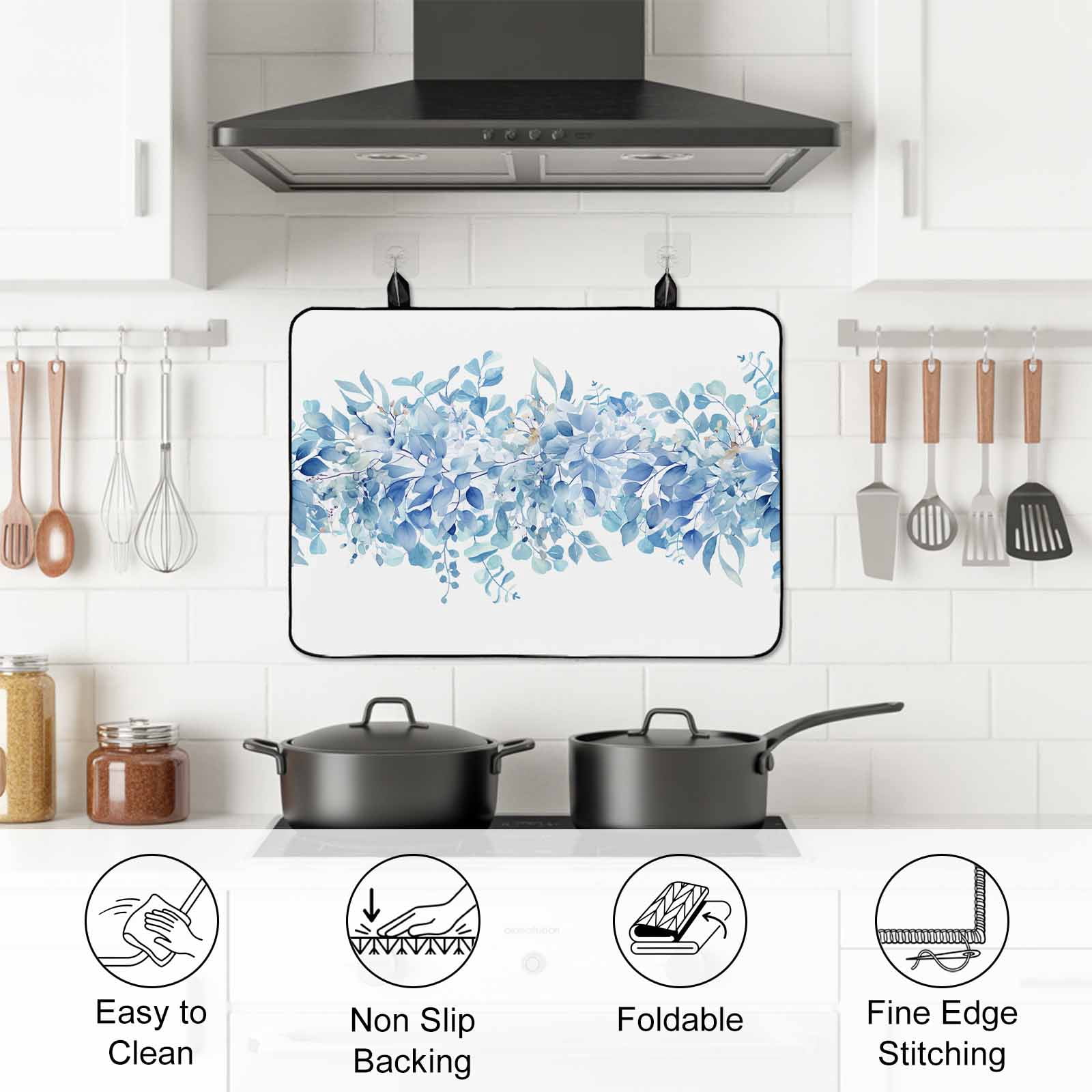 Blue Eucalyptus Leaves Stove Top Cover for Electric Stove, Heat-proof & Non Slip Glass Top Stove Cover Protector, Spring Summer Botanical Floral Kitchen Flat Cooktop Rubber Mat 31x24 Inches