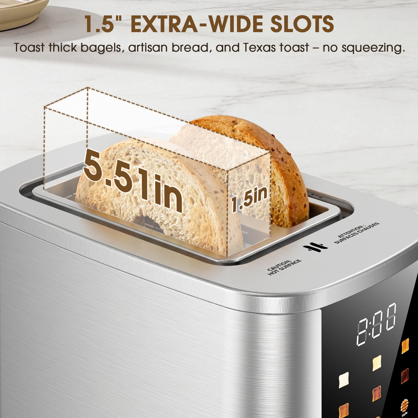 ONSON 2 Slice Toaster, LED Touchscreen, Stainless SteelWide