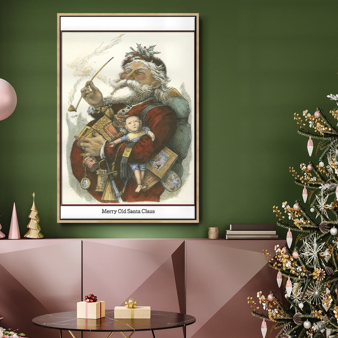 Merry Santa - Framed Gallery Wrapped Holiday Canvas - 17 x 25 - Natural Wood Frame