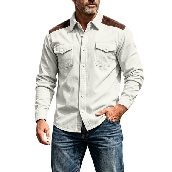 FchengtaiS Men's Corduroy Patchwork Shacket Long Sleeve Button Down Turndown Collar Shirts Jacket Fall Winter Daily Tops