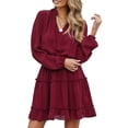 thumbnail image 2 of Qiylii Women Mini Dress, Long Sleeve V Neck Lacing Solid Pleated Fall Dress for Casual Daily, 2 of 9