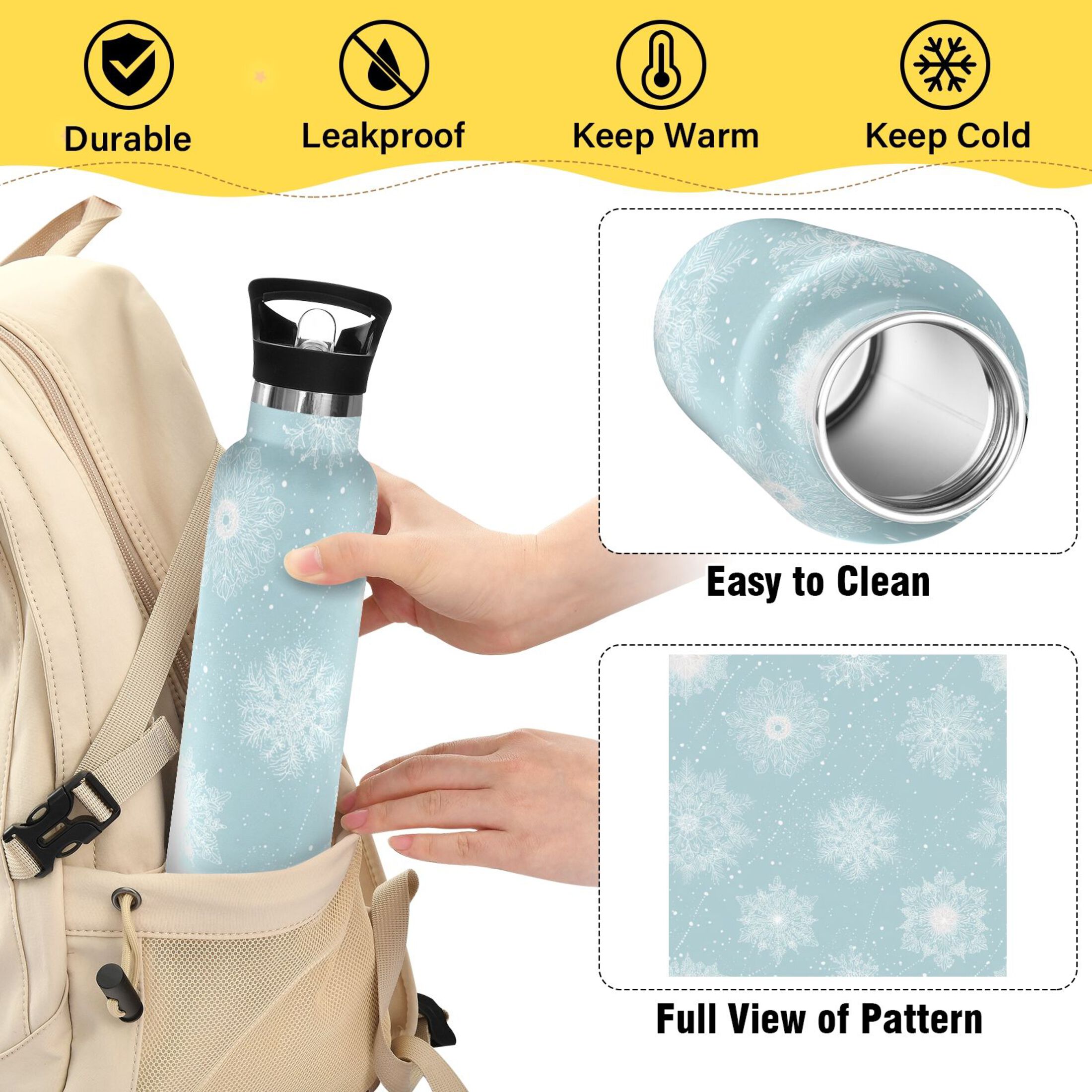 600ML Stainless Steel Insulated Cup Sports Water Bottle Portable Thermos Cup Water Glasses Insulated Tumblers Convenient and Durable Delicate Snowflakes