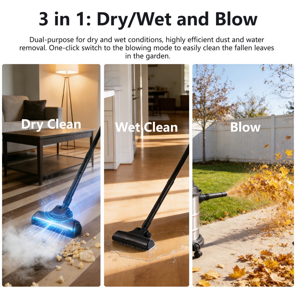 5 Gallon Wet Dry Vac 4.3 Peak HP 3 in 1 Shop Vacuum with Blowing Function Portable Wet Dry Vacuum for Home Garage Car Black