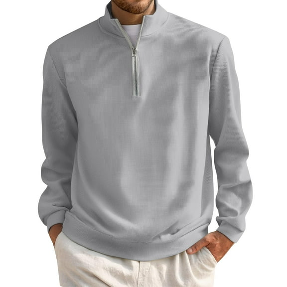 Zimjoy Mens Quarter Zip Pullover Casual Lightweight 1/4 Zip Sweatshirt Men Fall Mock Neck Long Sleeve 1/4 Zipper Pullover Mens Texture Waffle Sweatshirt, Light Gray L