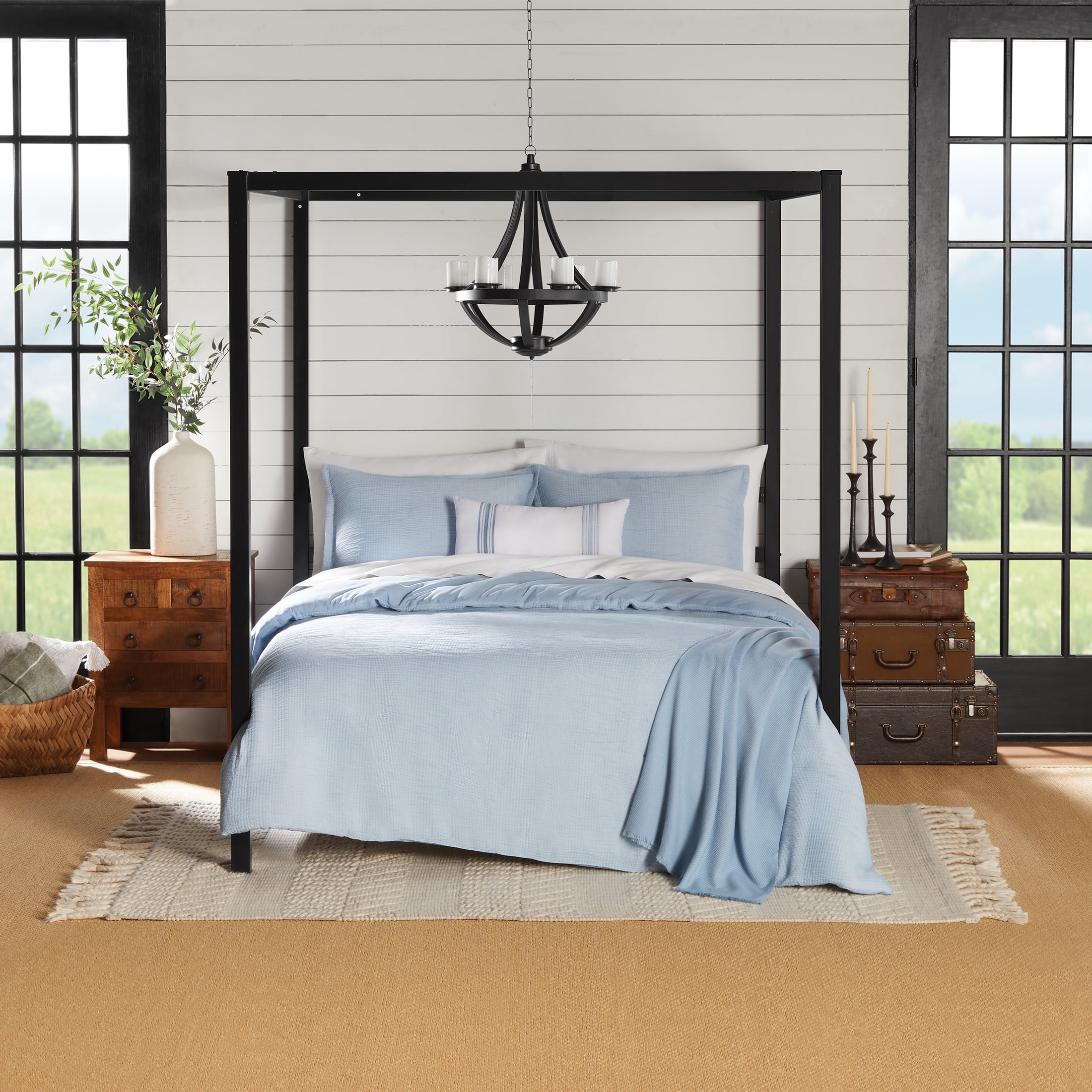 Mainstays Full/Queen 5-Piece All-Season Comforter Set, Blue Tonal Stripe Matelasse