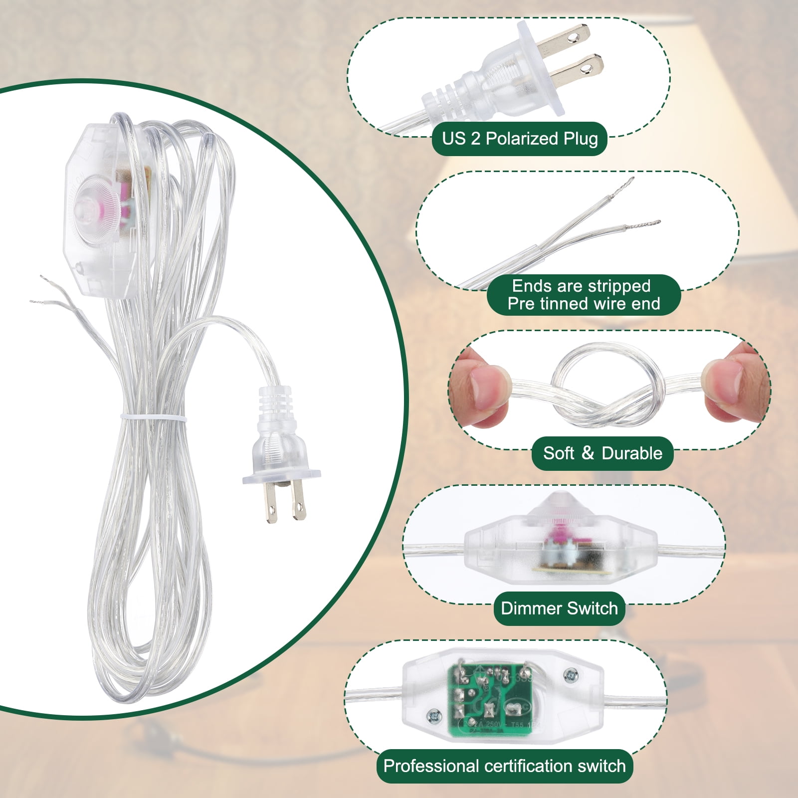 Uxcell 15 Feet 3 Set UL List Lamp Power Cord with Full Range Rotary Lamp, Clear