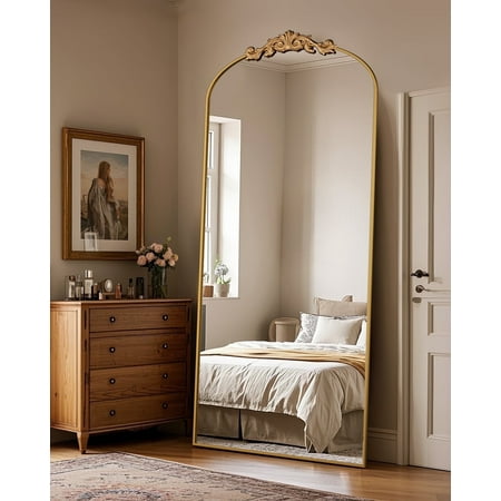 Condition photo showing New/Like New for 76 x34  vintage arched full-length mirror with carved metal frame  baroque-style floor mirror for living room  bedroom  entryway or hallway decor  gold