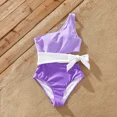 thumbnail image 3 of PatPat Women One Piece Swimsuits Tummy Control One Shoulder Side Knot Colorblock Family Matching Bathing Suit Set, Purple, 3 of 6