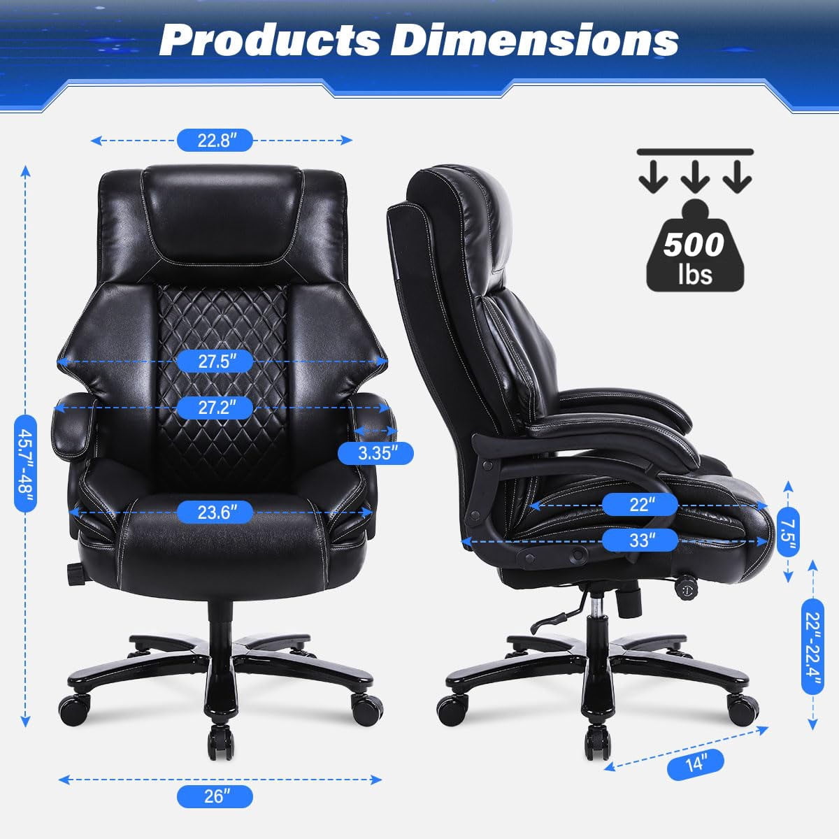 JONPONY Leather Office Chair, Big and Tall 500lbs Ergonomic Desk Chairs with Back Support, Executive Leather Chair with Wheels for Home Office, with Adjustable Padded Armrest & Lumbar Support , Black