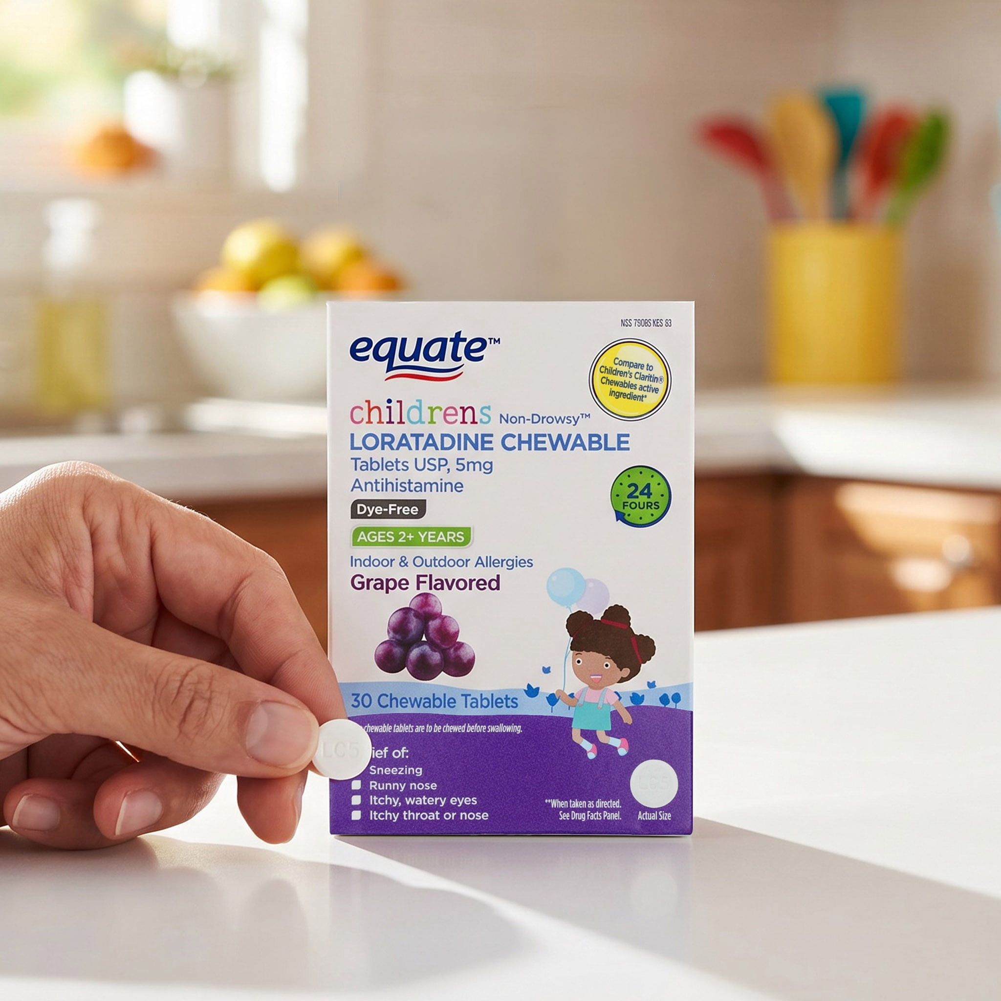 (3 pack) Equate Children's Non-Drowsy Loratadine Antihistamine Chewable Tablets, Grape Flavor, 5 mg, 30 Count