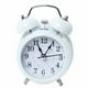 thumbnail image 1 of Reloj despertador de 3 pulgadas con dos campanas, moderno, de metal, mecánico, con timbre para mesita de noche, despertador silencioso a pilas, color blanco, 1 of 12