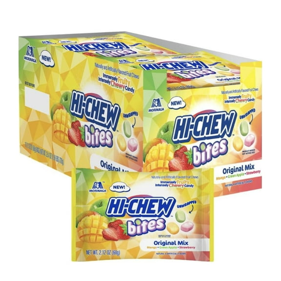 HI-CHEW Bites Original Mix, Mango, Green Apple, Strawberry, 2.12 oz Bag (Pack of 12)