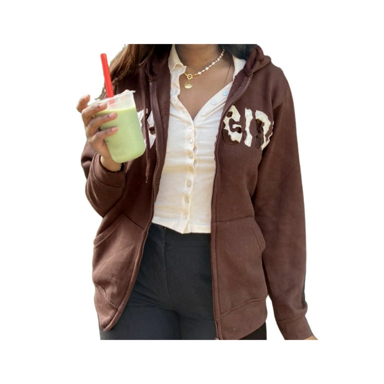 Women Y2K Oversized Zip Up Hoodie Sweatshirt Long Sleeve Baggy Coat E-Girl  90s Streetwear Brown